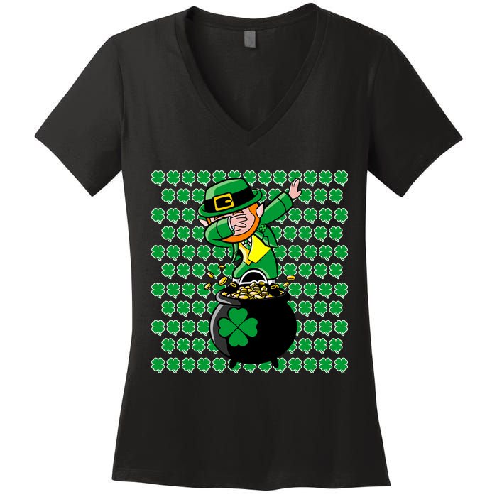 Irish Dabbing Leprechaun Shamrocks Funny Dab St. Patrick's Day Women's V-Neck T-Shirt