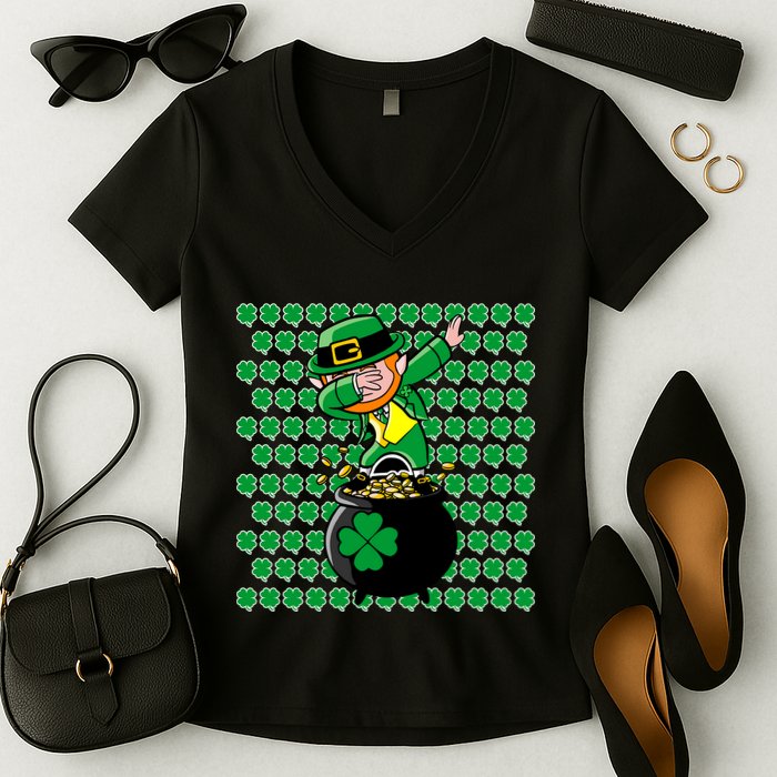 Irish Dabbing Leprechaun Shamrocks Funny Dab St. Patrick's Day Women's V-Neck T-Shirt
