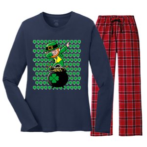 Irish Dabbing Leprechaun Shamrocks Funny Dab St. Patrick's Day Women's Long Sleeve Flannel Pajama Set 