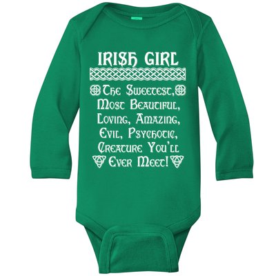 Irish Girl The Sweetest to Psychotic Creature You Will Meet Baby Long Sleeve Bodysuit