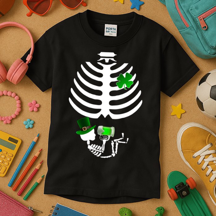 Irish Pregnant Skeleton Baby Beer Kids T-Shirt