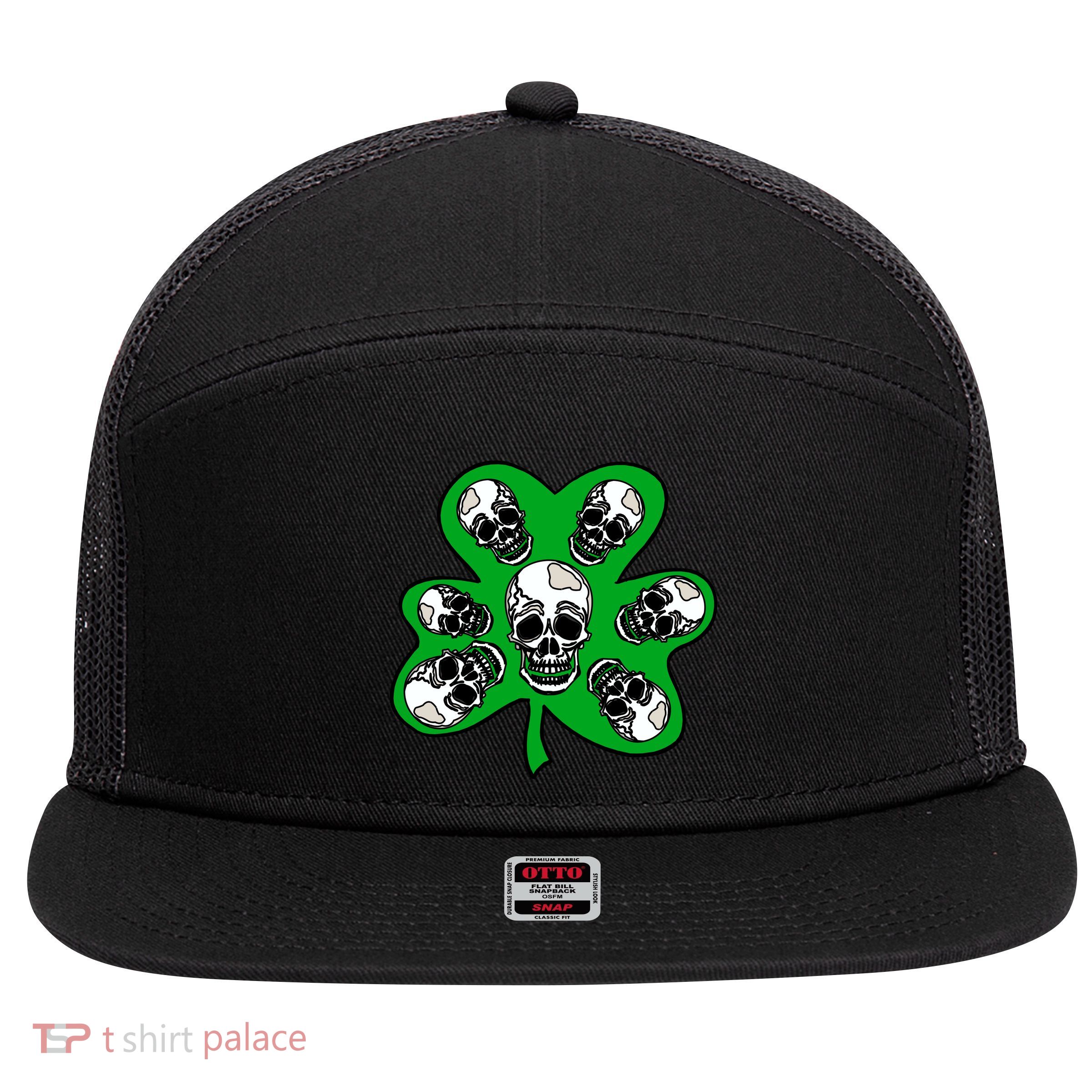 Irish Shamrock Clover Skulls 7 Panel Mesh Trucker Snapback Hat