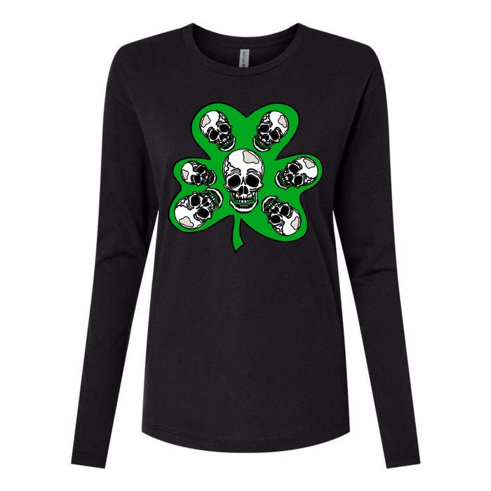 Irish Shamrock Clover Skulls Womens Cotton Relaxed Long Sleeve T-Shirt