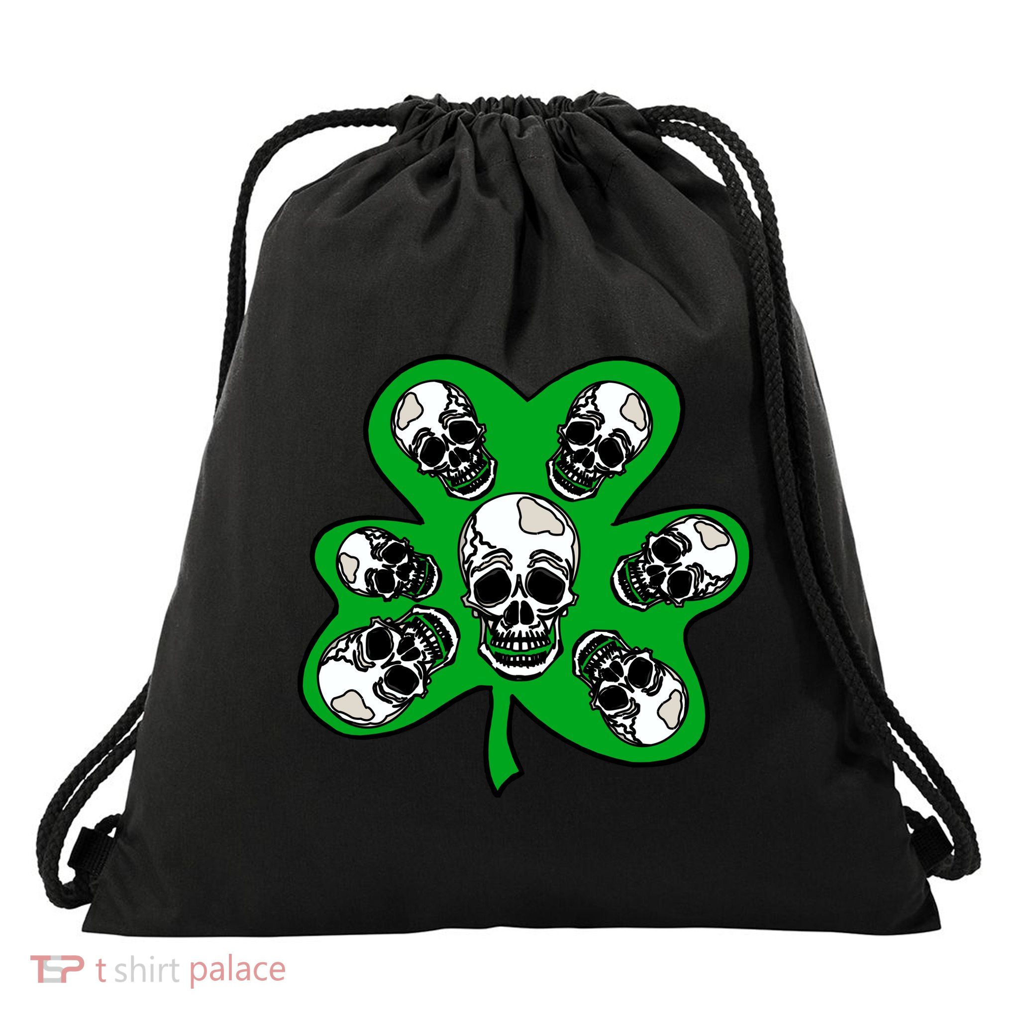 Irish Shamrock Clover Skulls Drawstring Bag
