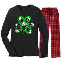 Irish Shamrock Clover Skulls Women's Long Sleeve Flannel Pajama Set 