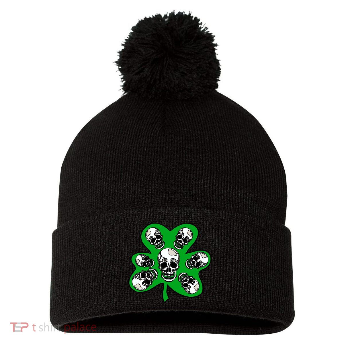 Irish Shamrock Clover Skulls Pom Pom 12in Knit Beanie