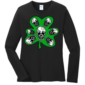 Irish Shamrock Clover Skulls Ladies Long Sleeve Shirt