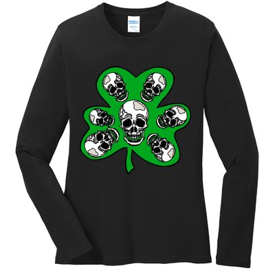 Irish Shamrock Clover Skulls Ladies Long Sleeve Shirt