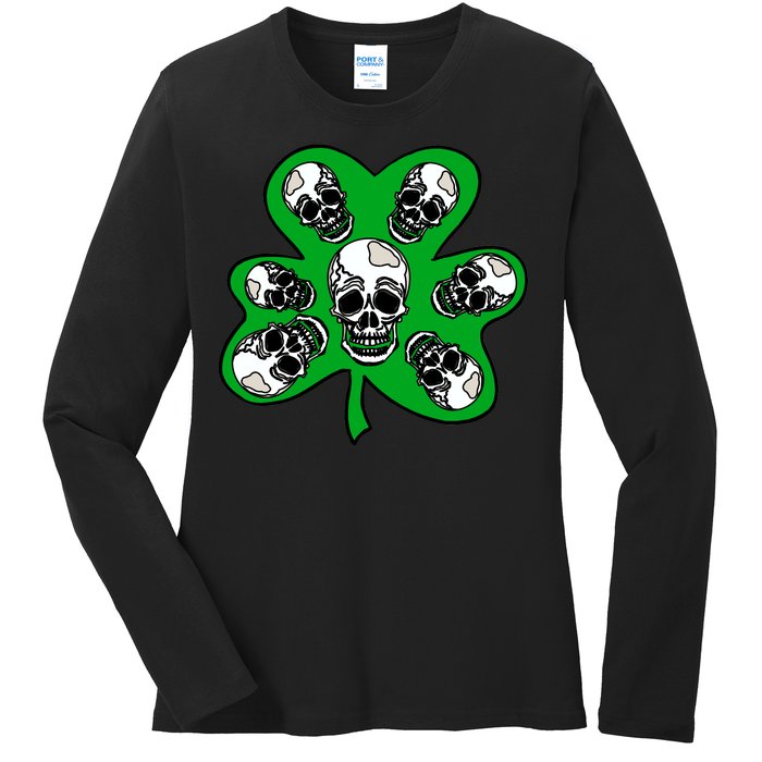 Irish Shamrock Clover Skulls Ladies Long Sleeve Shirt