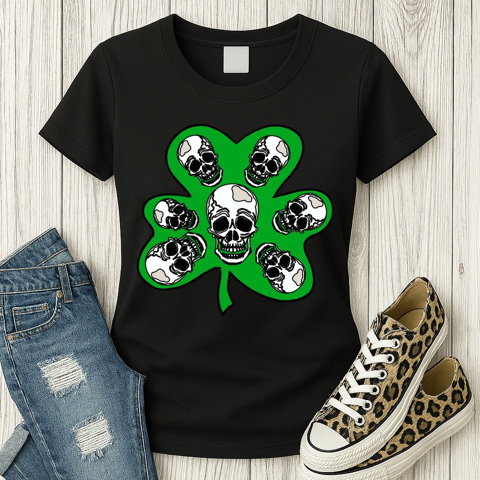 Irish Shamrock Clover Skulls Womens T-Shirt