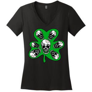 Irish Shamrock Clover Skulls Women's V-Neck T-Shirt