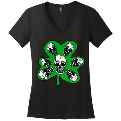 Irish Shamrock Clover Skulls Women's V-Neck T-Shirt