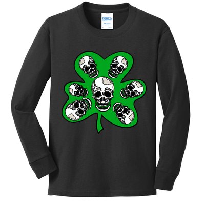 Irish Shamrock Clover Skulls Kids Long Sleeve Shirt