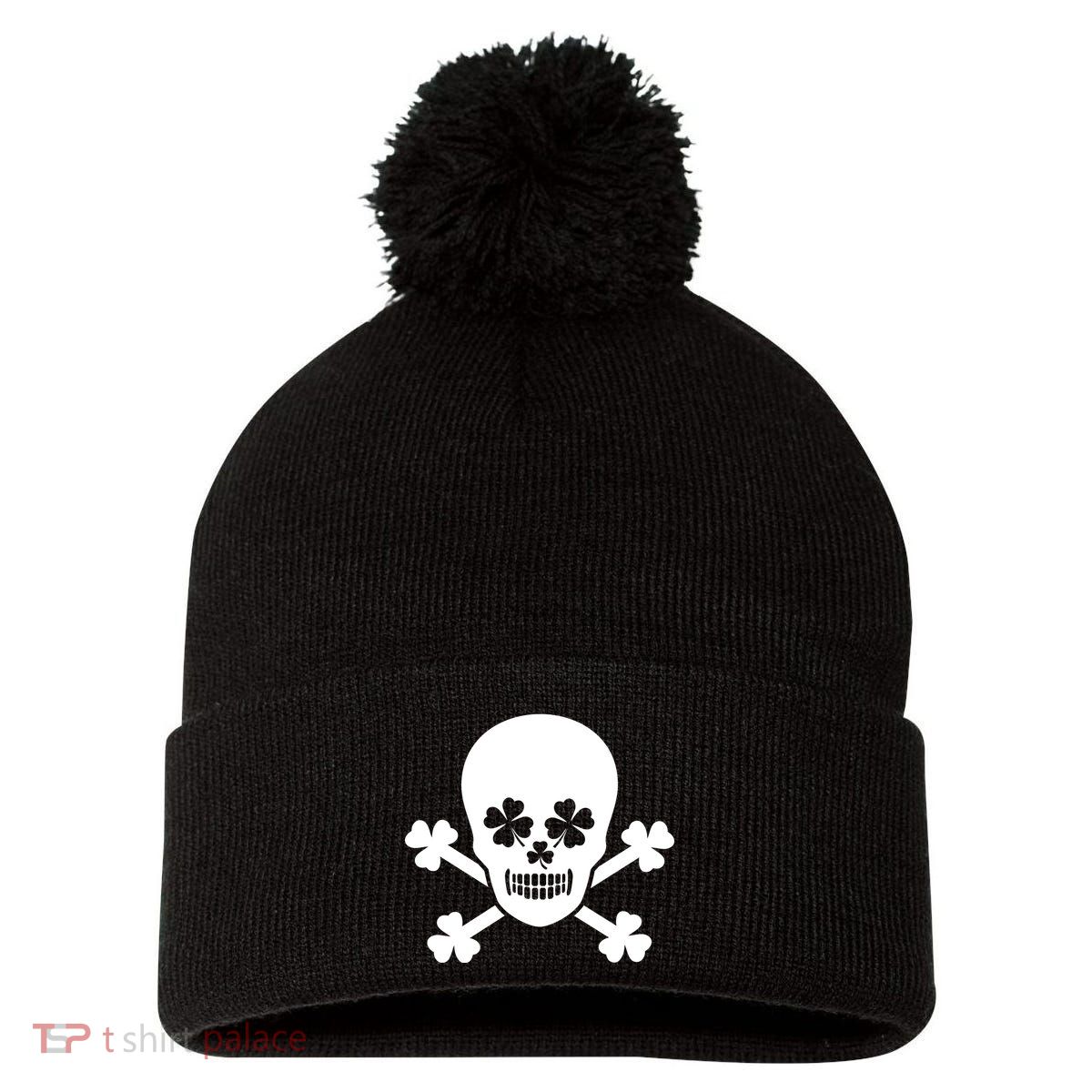 Irish Shamrock Skull Pom Pom 12in Knit Beanie