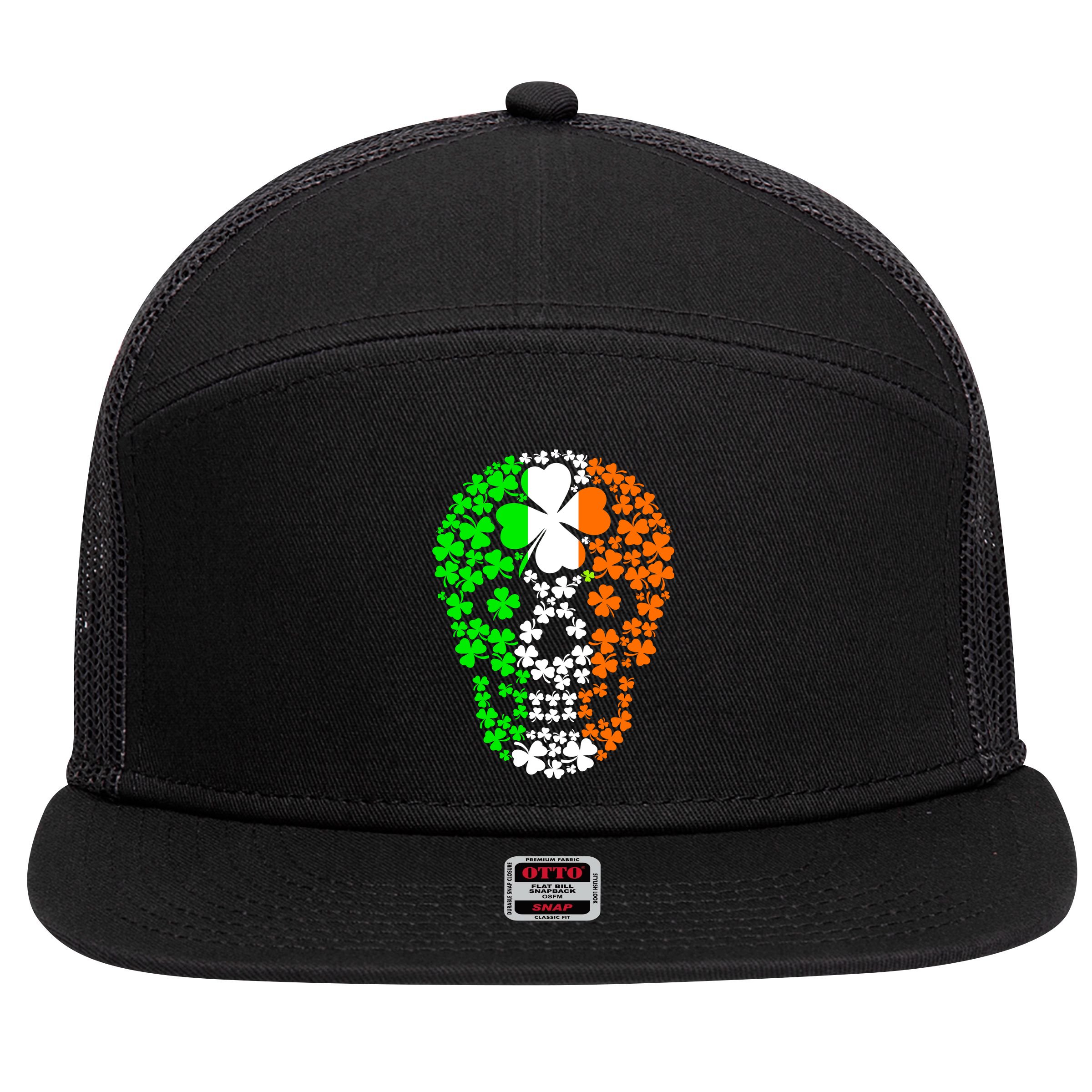 Irish Skull Ireland Clover 7 Panel Mesh Trucker Snapback Hat