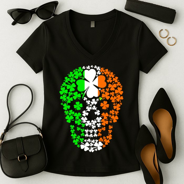 Irish Skull Ireland Clover Women's V-Neck T-Shirt