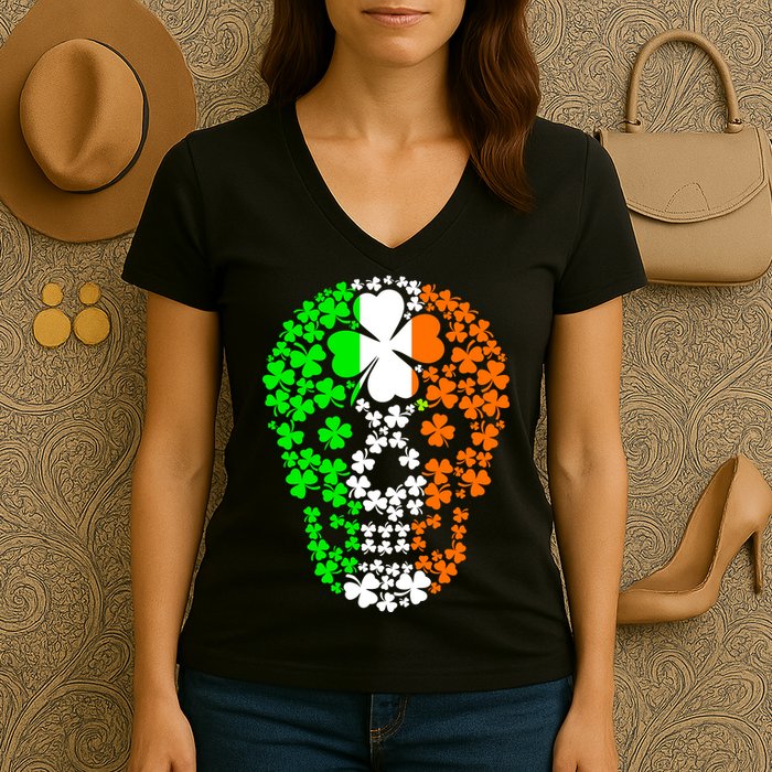 Irish Skull Ireland Clover Women's V-Neck T-Shirt
