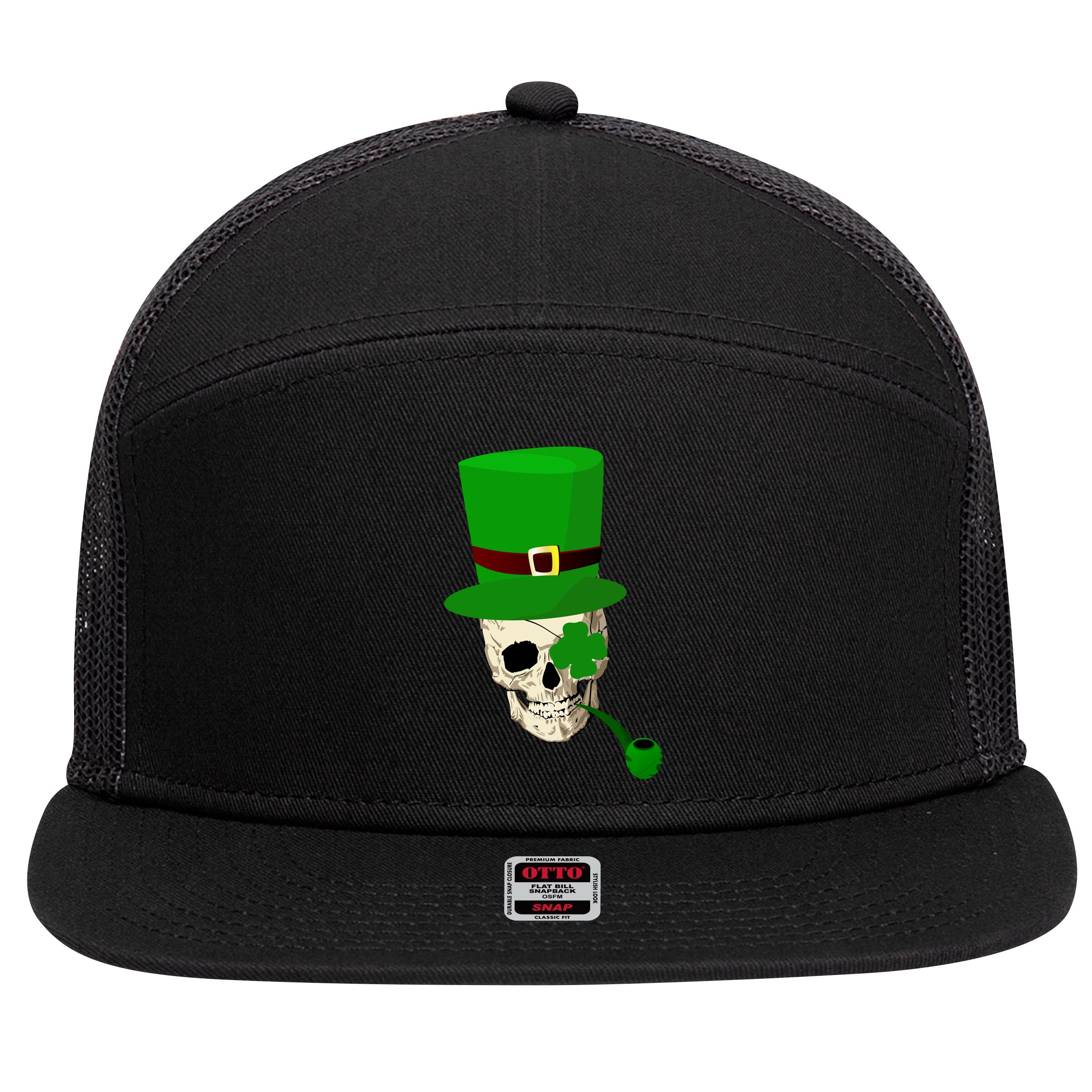Irish Skull Smoking A Pipe 7 Panel Mesh Trucker Snapback Hat
