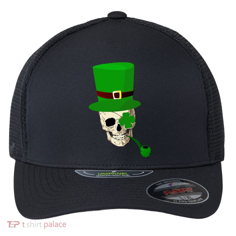 Irish Skull Smoking A Pipe Flexfit Unipanel Trucker Cap