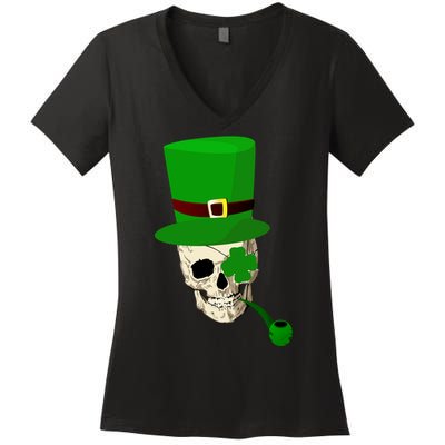 Irish Skull Smoking A Pipe Women's V-Neck T-Shirt