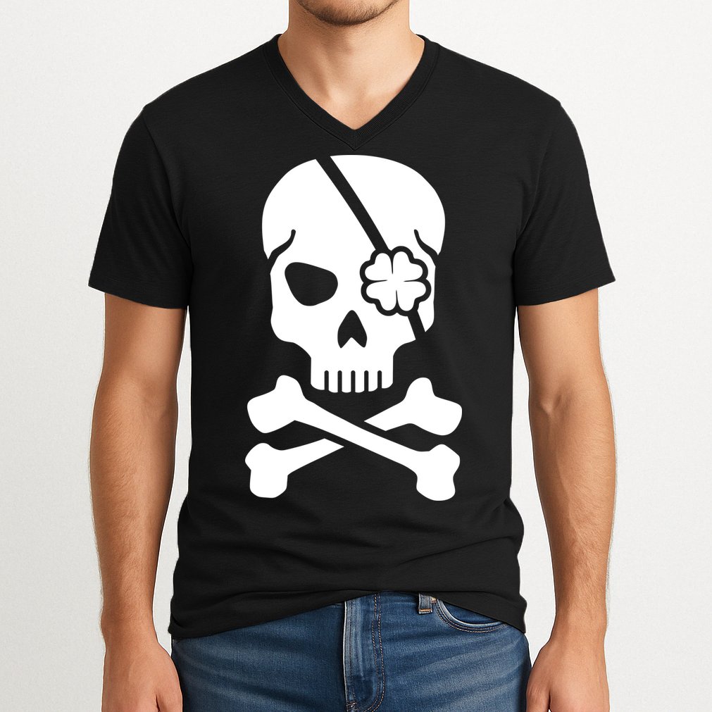 Irish Skull With A Pirate Clover Patch V-Neck T-Shirt