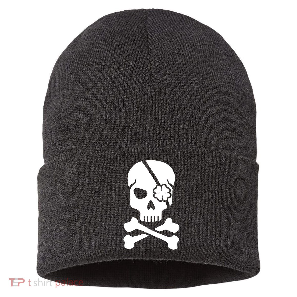 Irish Skull With A Pirate Clover Patch Sustainable Knit Beanie