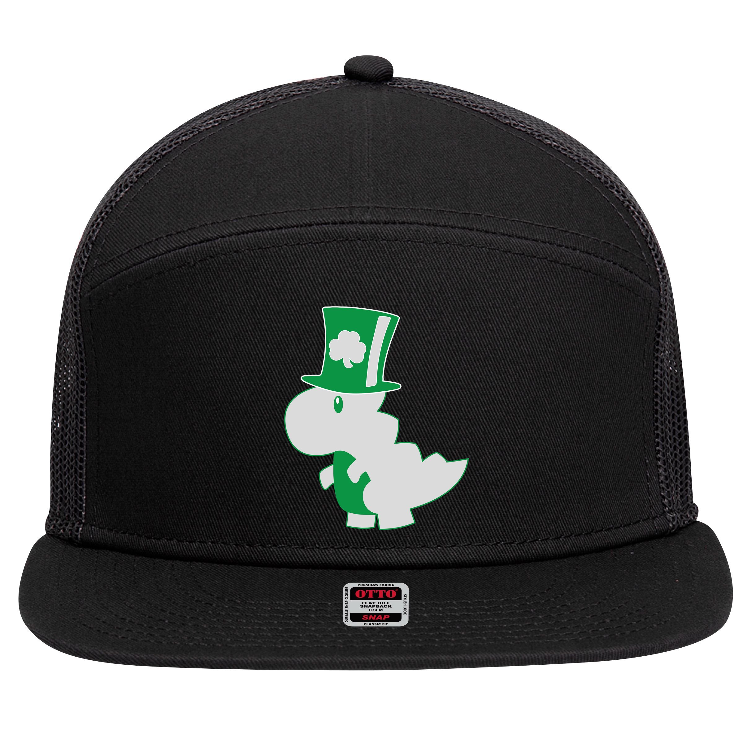 Irish T-Rex Dinosaur Clover Cute St. Patrick's Day 7 Panel Mesh Trucker Snapback Hat