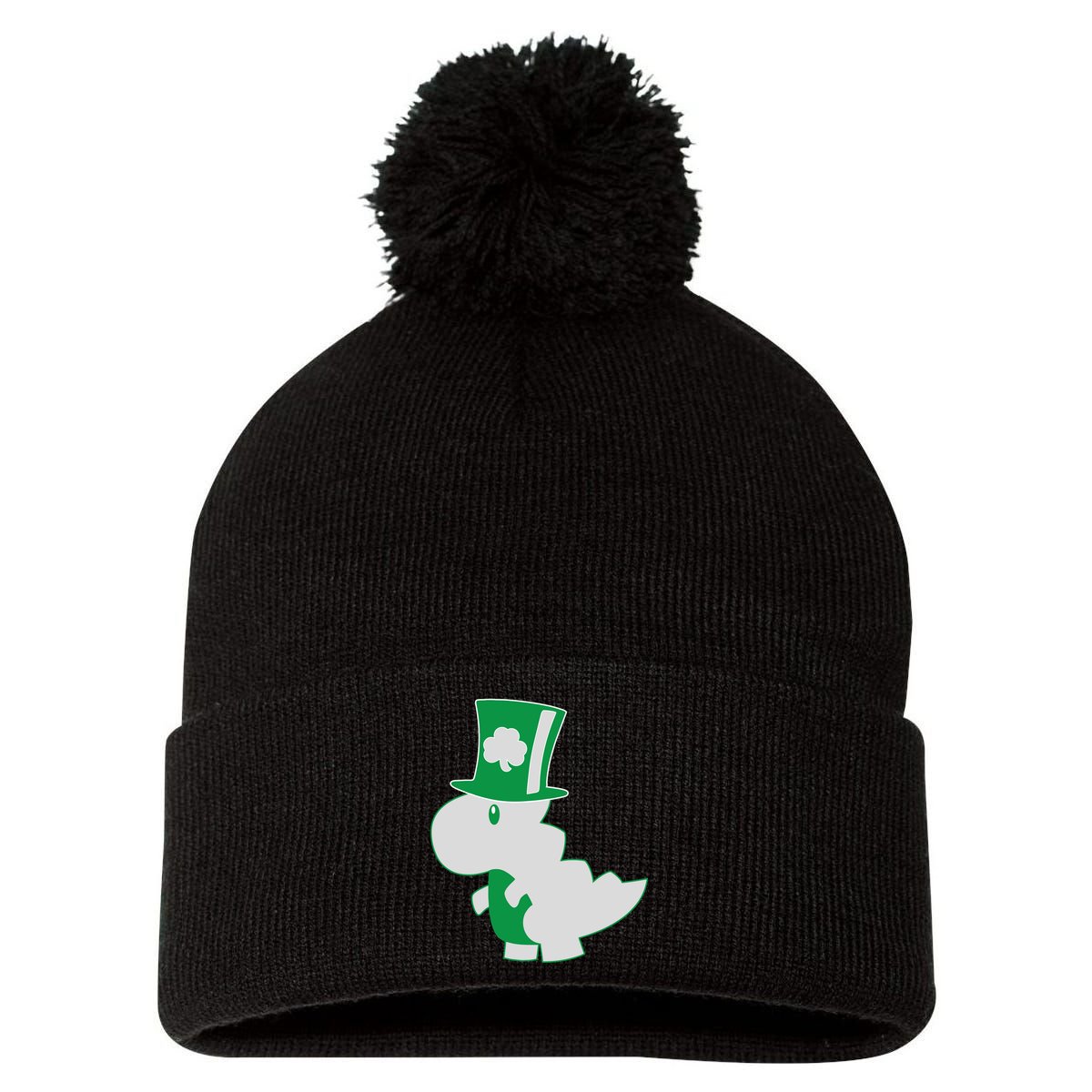 Irish T-Rex Dinosaur Clover Cute St. Patrick's Day Pom Pom 12in Knit Beanie