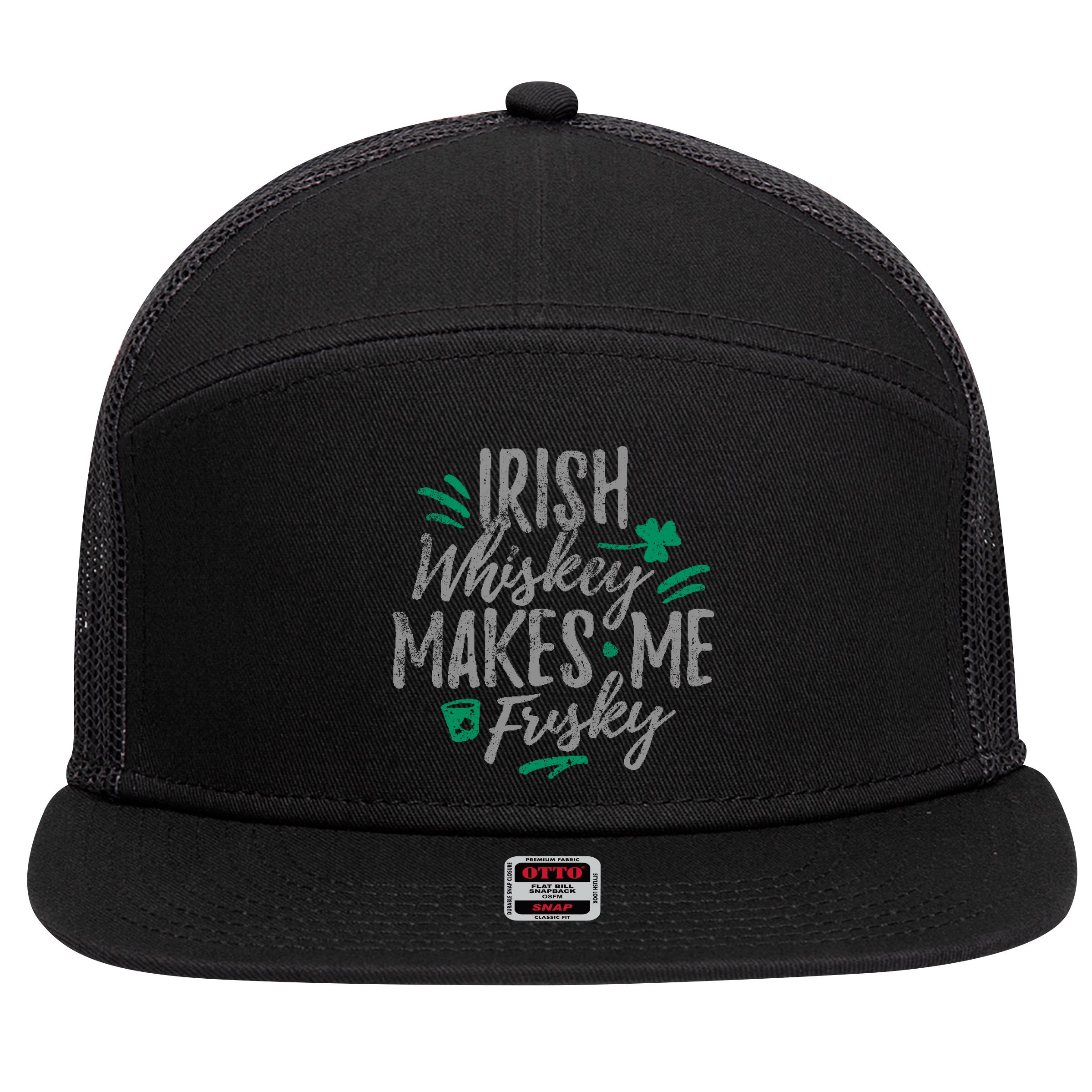Irish Whiskey Makes Me Frisky Funny 7 Panel Mesh Trucker Snapback Hat