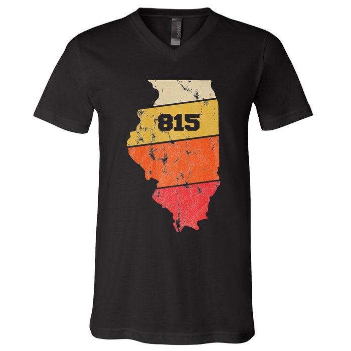 Illinois Retro Local Map Heart Area Code 815 V-Neck T-Shirt