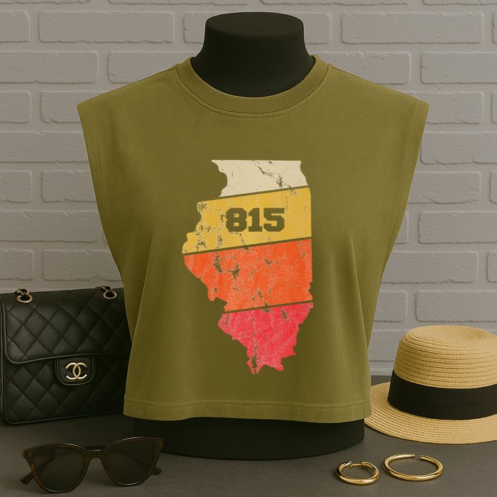 Illinois Retro Local Map Heart Area Code 815 Garment-Dyed Women's Muscle Tee