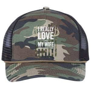 I Really Love My Wife Funny Deer Hunting & Fishing (On Back) Retro Rope Trucker Hat Cap