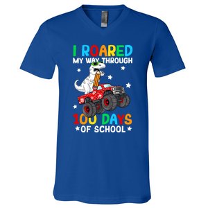 I Roared My Way Through 100 Days Of School Dinosaur Smarter Gift V-Neck T-Shirt