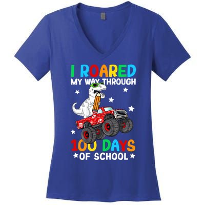 I Roared My Way Through 100 Days Of School Dinosaur Smarter Gift Women's V-Neck T-Shirt