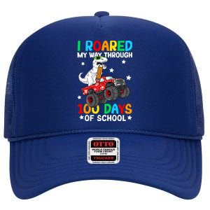 I Roared My Way Through 100 Days Of School Dinosaur Smarter Gift High Crown Mesh Back Trucker Hat