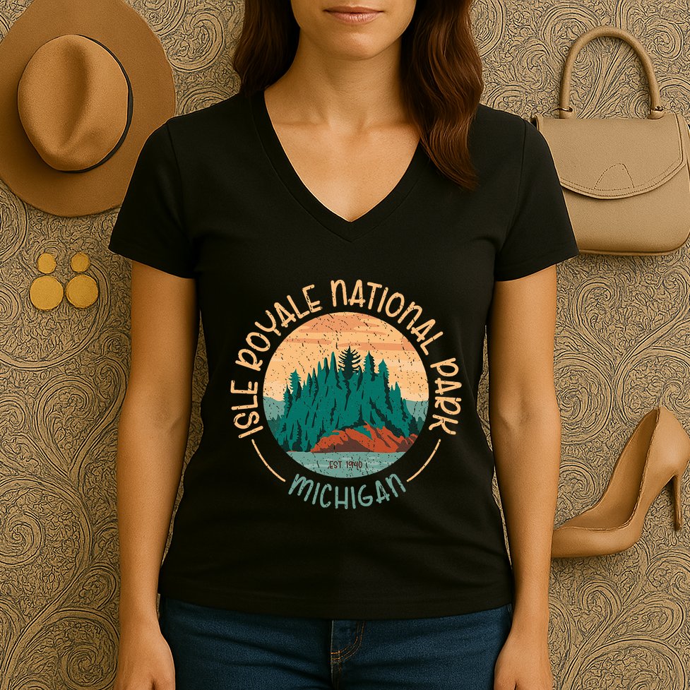 Isle Royale Michigan National Park Moose Sillhouete Women's V-Neck T-Shirt