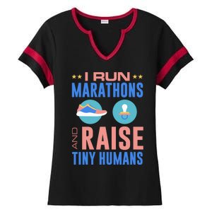 I Run Marathons And Raise Tiny Hu Funny Mom Runner Gift Ladies Halftime Notch Neck Tee