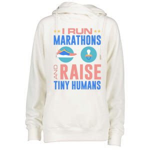 I Run Marathons And Raise Tiny Hu Funny Mom Runner Gift Womens Funnel Neck Pullover Hood