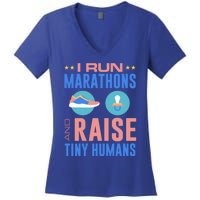 I Run Marathons And Raise Tiny Hu Funny Mom Runner Gift Women's V-Neck T-Shirt