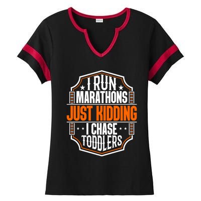 I Run Marathons Just Ding Chase Funny Mom Gift Ladies Halftime Notch Neck Tee