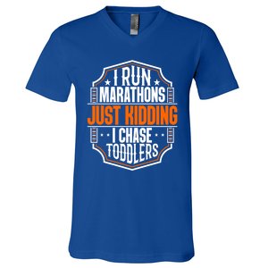 I Run Marathons Just Ding Chase Funny Mom Gift V-Neck T-Shirt