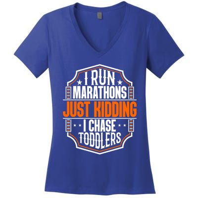 I Run Marathons Just Ding Chase Funny Mom Gift Women's V-Neck T-Shirt