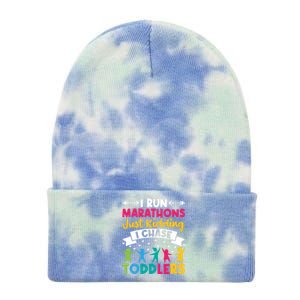 I Run Marathons Just Ding Chase Teacher Mom Gift Tie Dye 12in Knit Beanie