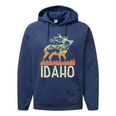 Idaho Retro Mountain Vintage Elk Hiking Gift Great Gift Performance Fleece Hoodie