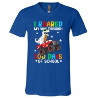 I Roared My Way Through 100 Days Of School Dinosaur Smarter Gift V-Neck T-Shirt