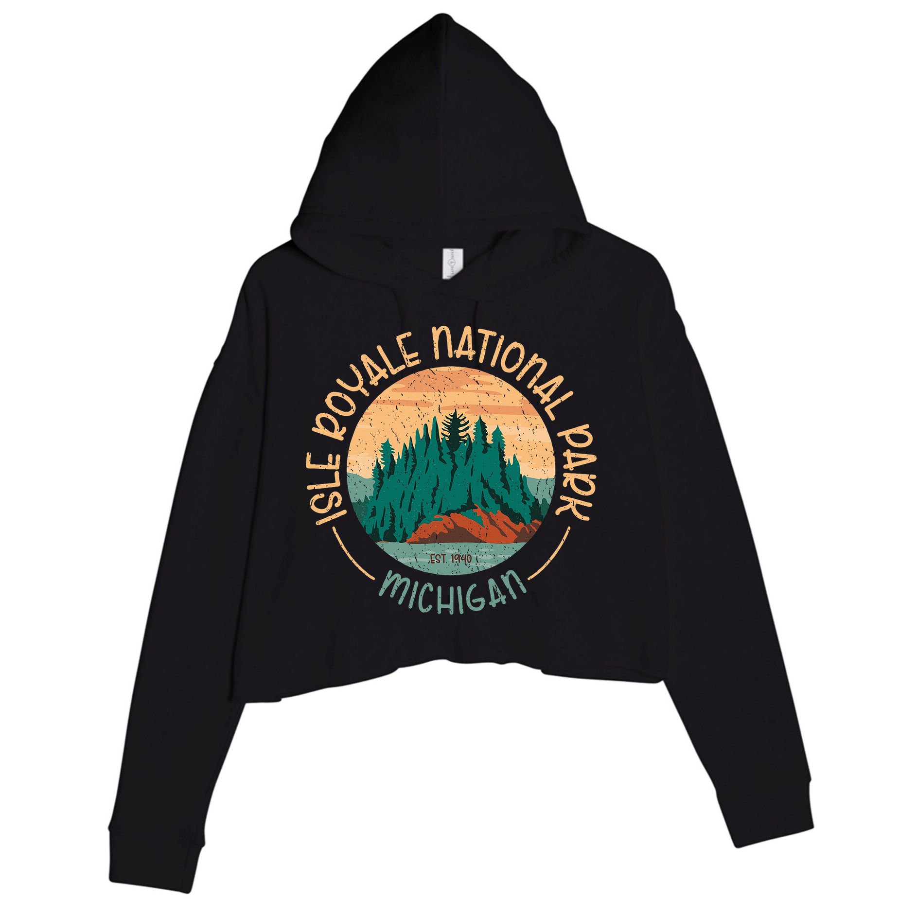 Isle Royale Michigan National Park Moose Sillhouete Crop Fleece Hoodie