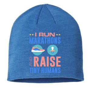 I Run Marathons And Raise Tiny Hu Funny Mom Runner Funny Gift Sustainable Beanie