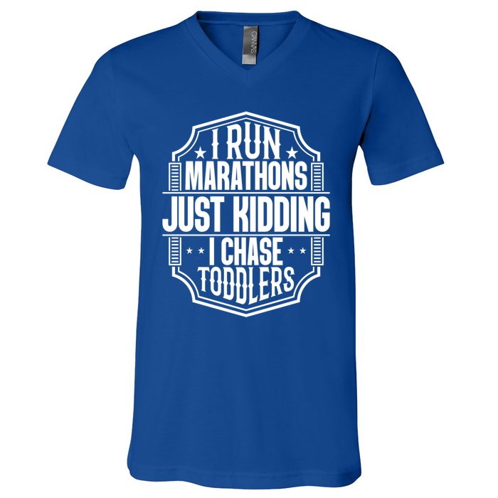 I Run Marathons Just Ding Chase Funny Mom Gift V-Neck T-Shirt