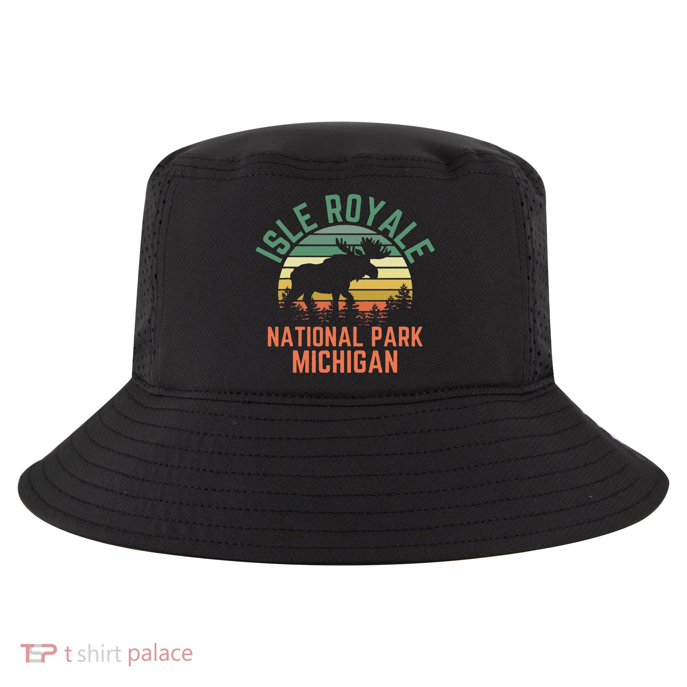 Isle Royale National Park Michigan Moose Hiking Nature Retro Cool Comfort Performance Bucket Hat