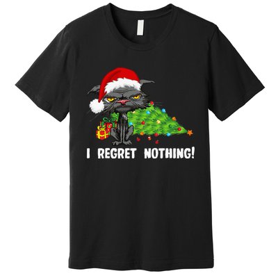 I Regret Nothing Funny Bored Cat Santa Hat Christmas Tree Premium T-Shirt